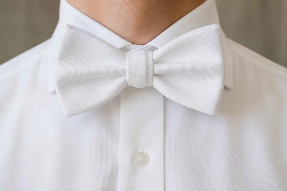 Biała mucha przy formalnym kołnierzyku Zbliżenie białej muchy założonej pod kołnierzykiem eleganckiej koszuli męskiej