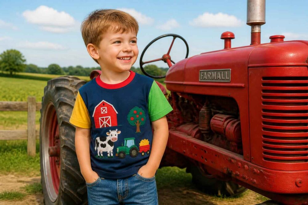 Uśmiechnięty chłopiec stoi obok czerwonego traktora Farmall na tle wiejskiego krajobrazu