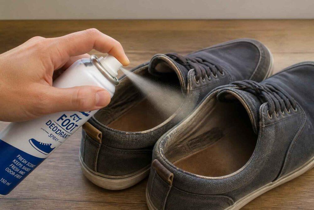 Dłoń rozpyla środek czyszczący na czarne sneakersy na drewnianym stole