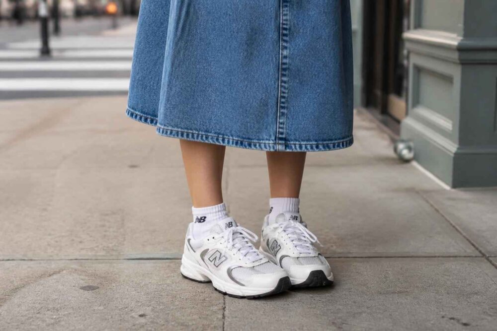 Dżinsowa spódnica midi, białe skarpetki i sneakersy na miejskim chodniku
