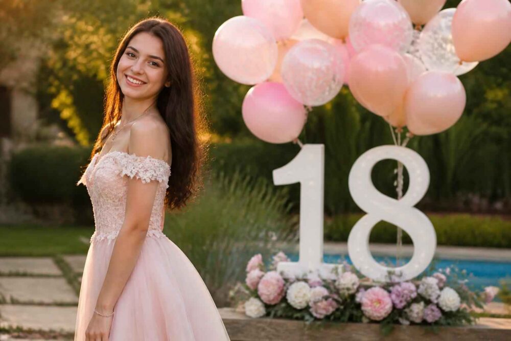 Jubilatka przy dekoracji z balonów i liczbą 18 Uśmiechnięta dziewczyna w różowej sukience obok balonów i dużych białych cyfr 18 w ogrodzie