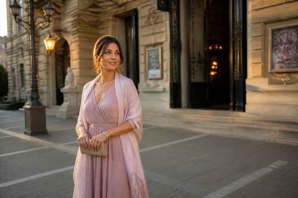 Kobieta w różowej sukni przed zabytkowym budynkiem Kobieta w długiej różowej sukni stoi przed eleganckim budynkiem z wejściem oświetlonym lampami.