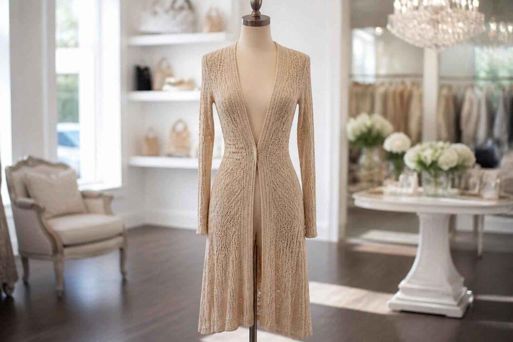 Beżowa koronkowa sukienka na manekinie w jasnym, eleganckim salonie z kryształowym żyrandolem