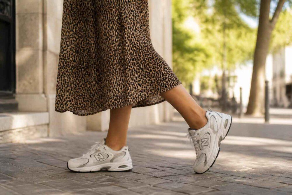 Kobieta w panterkowej spódnicy i białych sneakersach spaceruje po miejskim chodniku