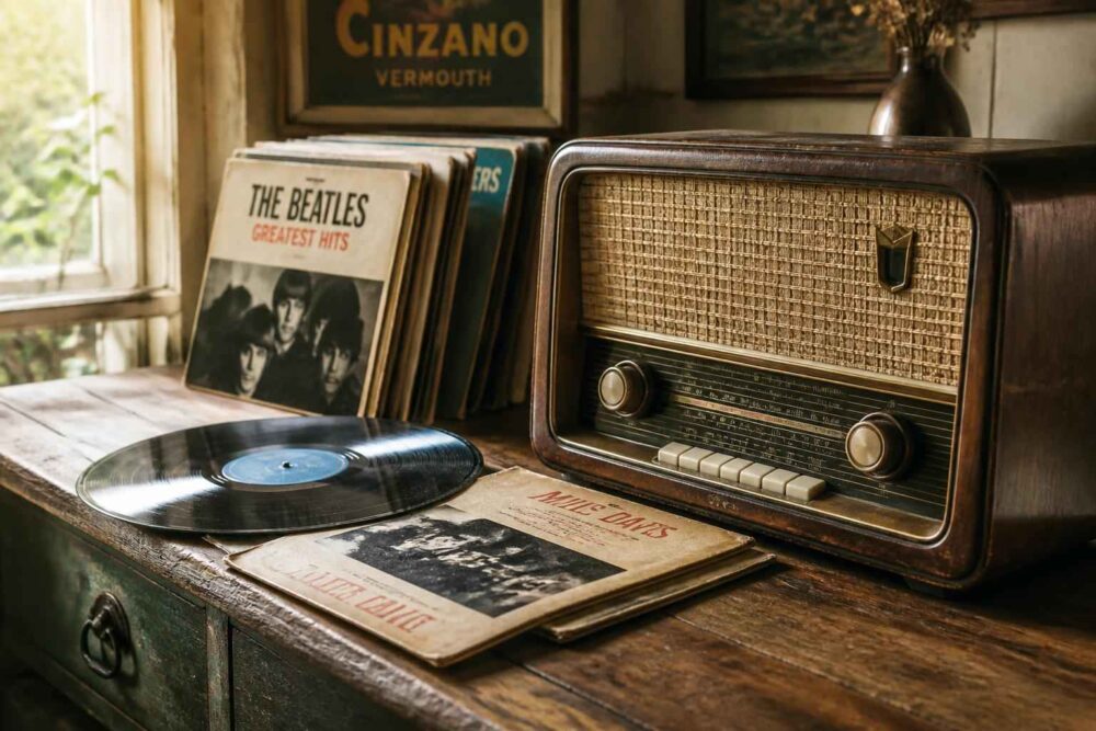 Retro kącik muzyczny z radiem i płytami Beatlesów Vintage radio obok płyt winylowych Beatlesów i otwartego magazynu na drewnianym stole