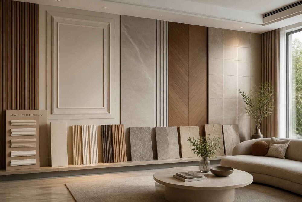 Stylowe wnętrze z kolekcją paneli i próbek wykończeniowych Elegancki salon z panelami ściennymi, próbkami materiałów, sofą i okrągłym stolikiem kawowym