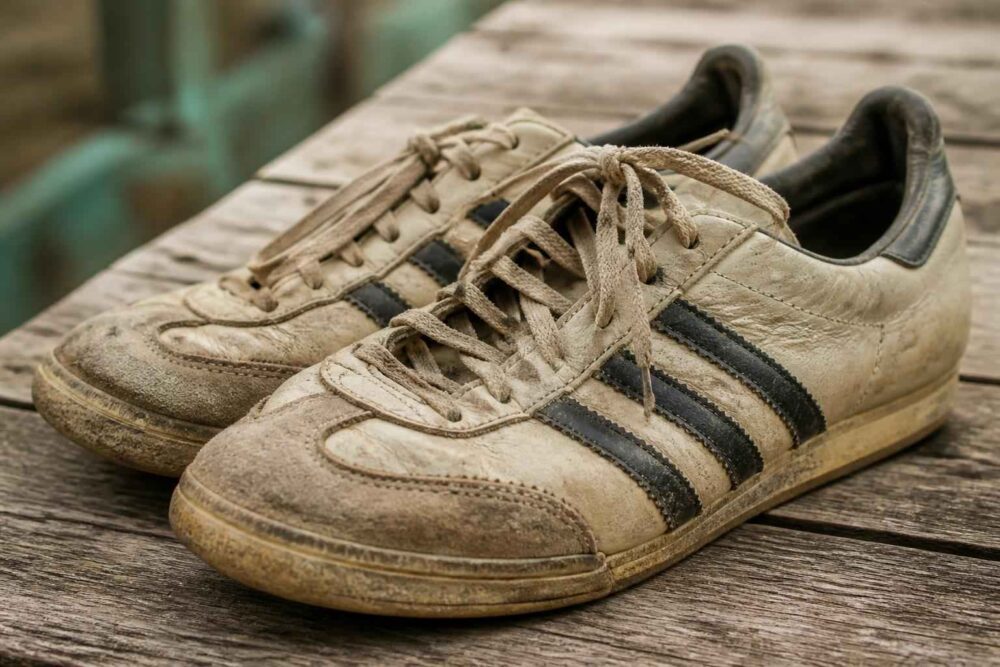Wysłużone sneakersy w stylu retro Para mocno zabrudzonych skórzanych sneakersów w paski na drewnianym stole