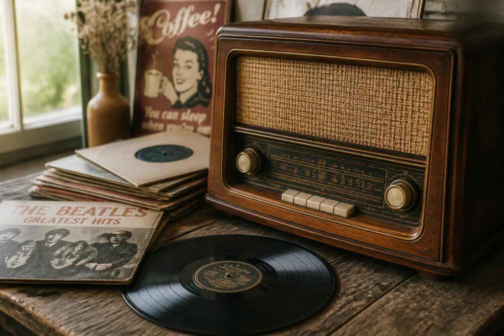 Zabytkowe radio na drewnianym stole obok płyt winylowych Beatlesów i gramofonowej płyty