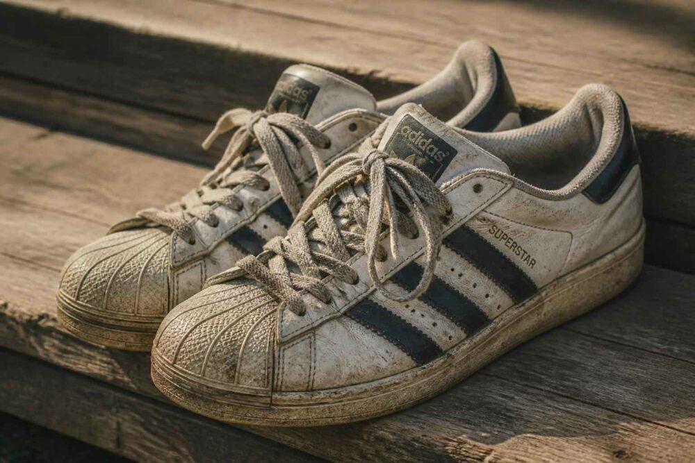 Para znoszonych białych sneakersów Adidas Superstar na drewnianej podłodze